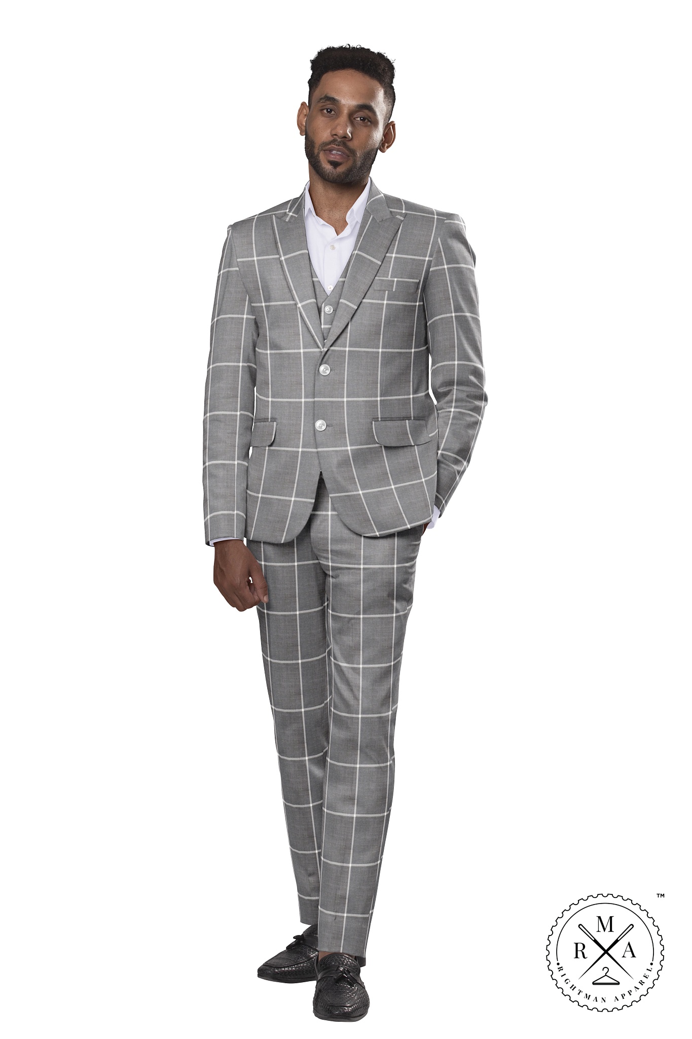 Grey Windowpane Checked TR Three Piece Suit SU42