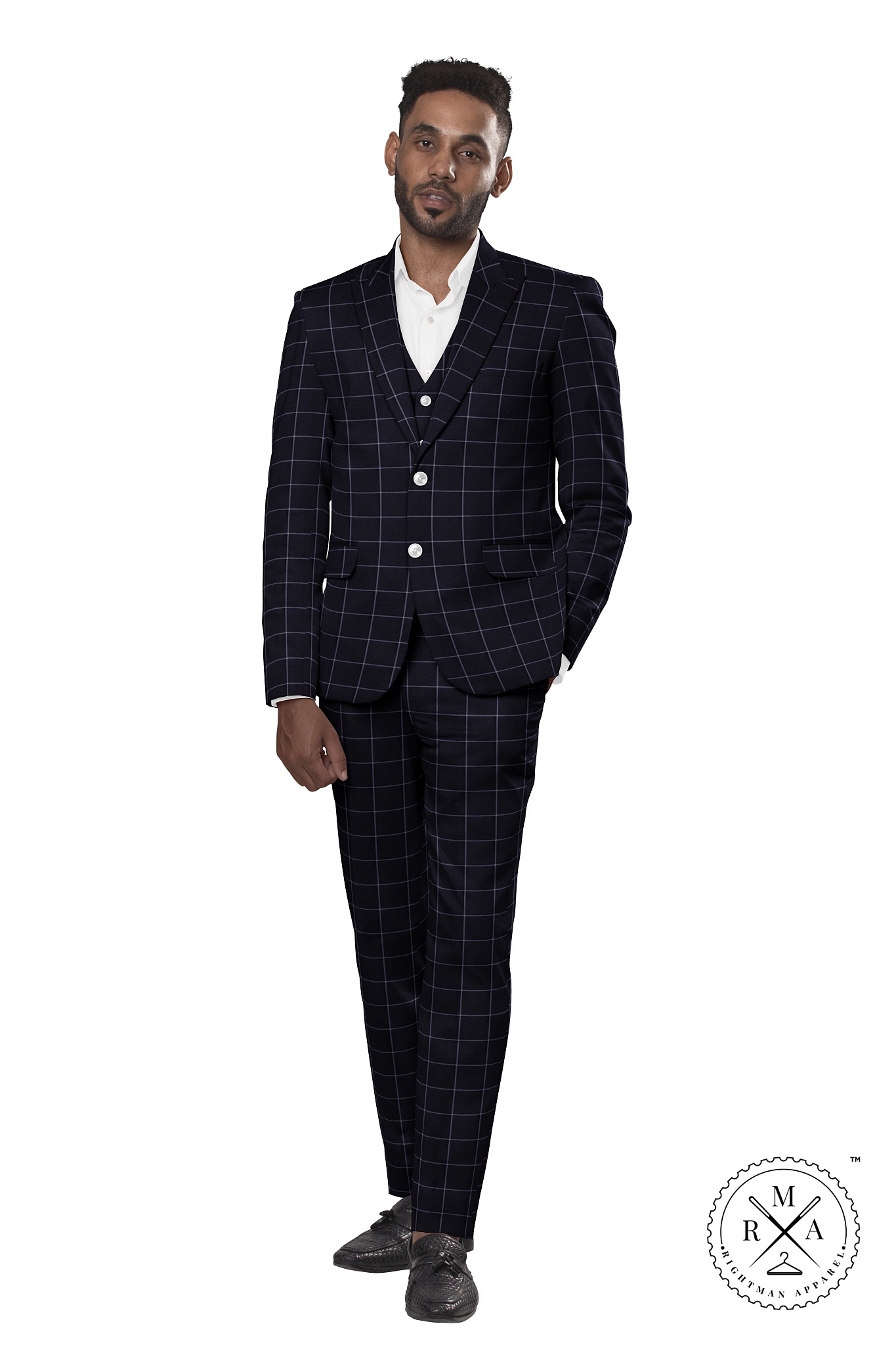 Black Three Piece Suit With White Windowpane Checks SU44