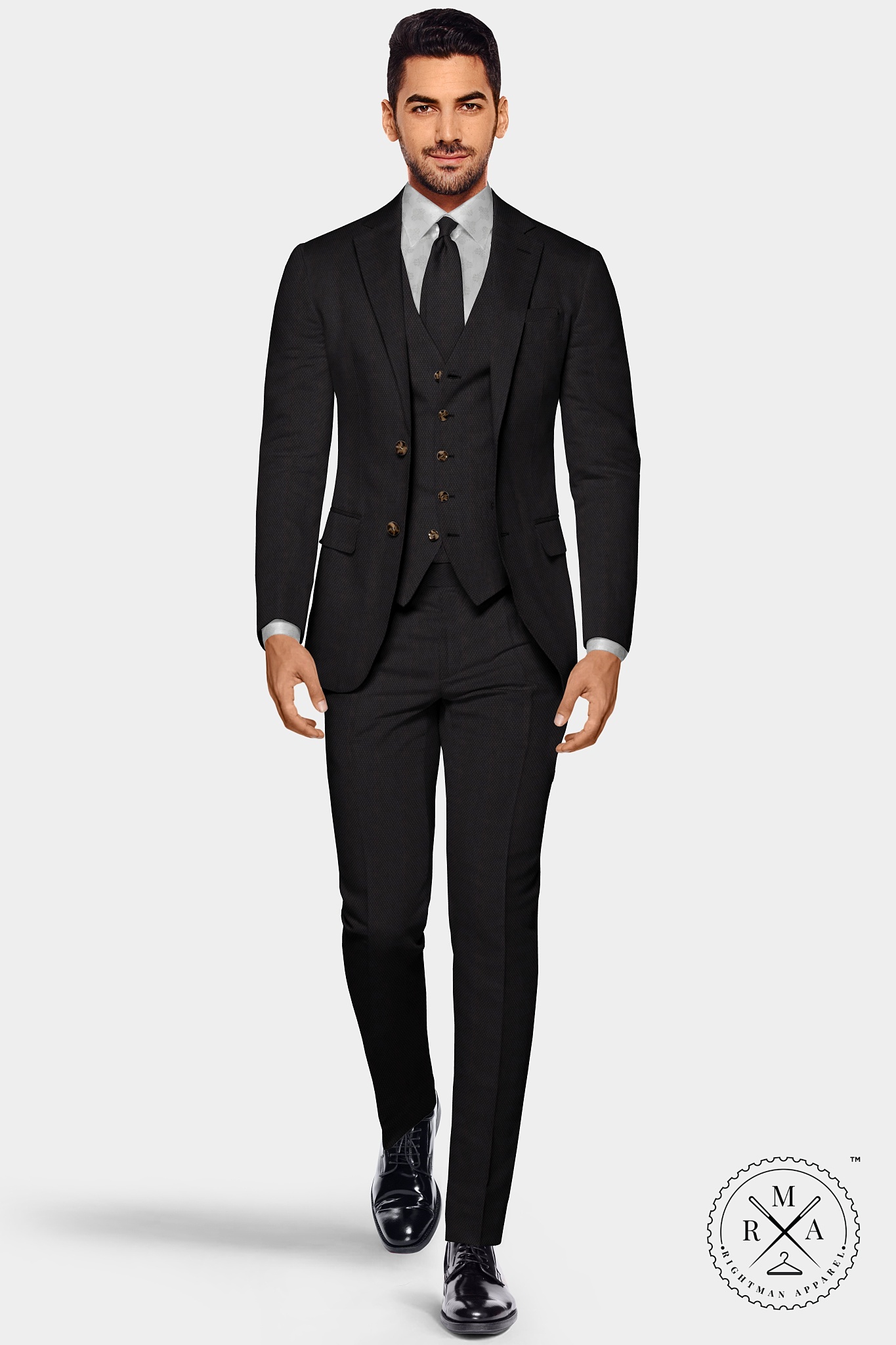 Black Three Piece Suit With Birdseye Pattern SU60