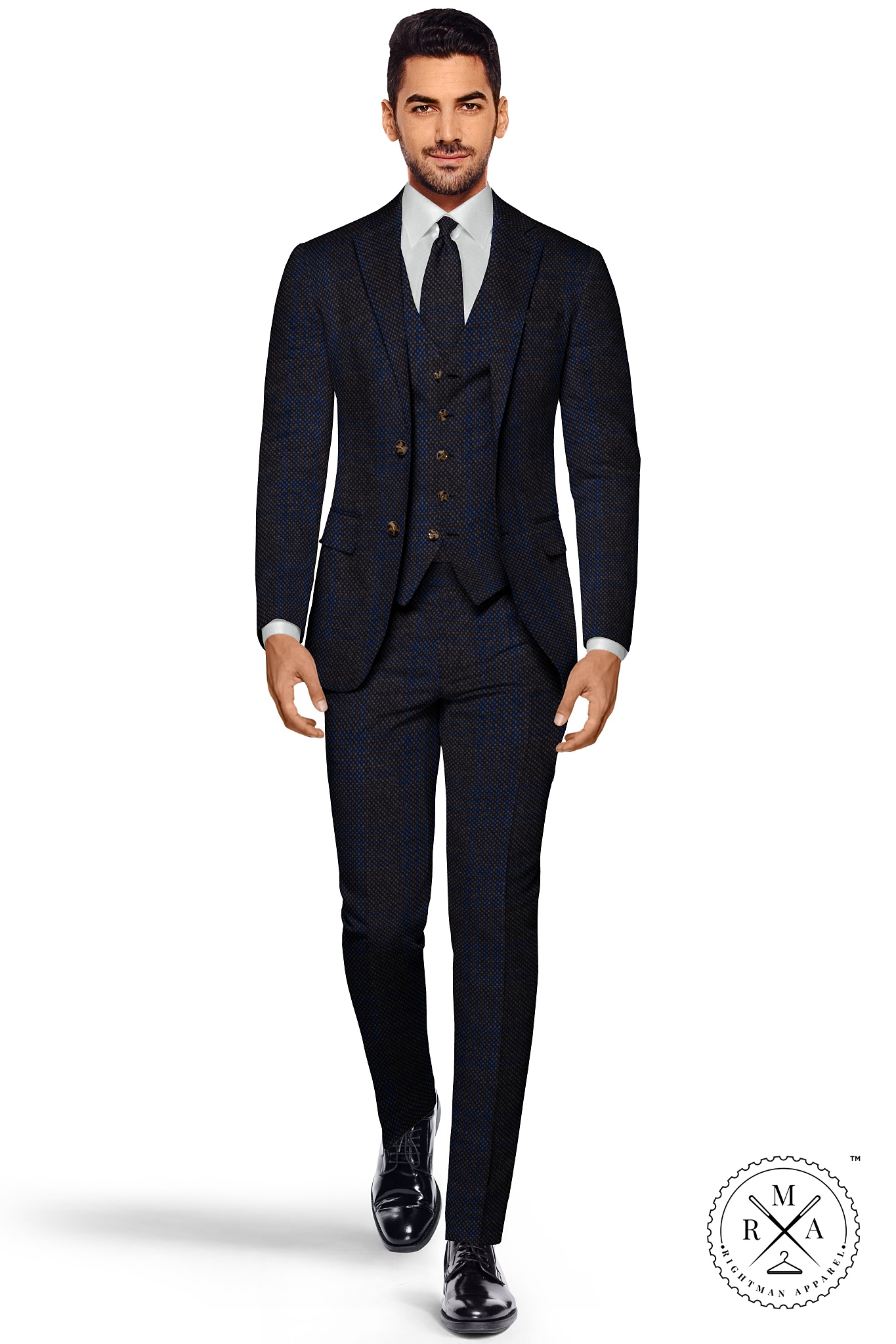 Blue TR Three Piece Suit With Brown Checks SU76