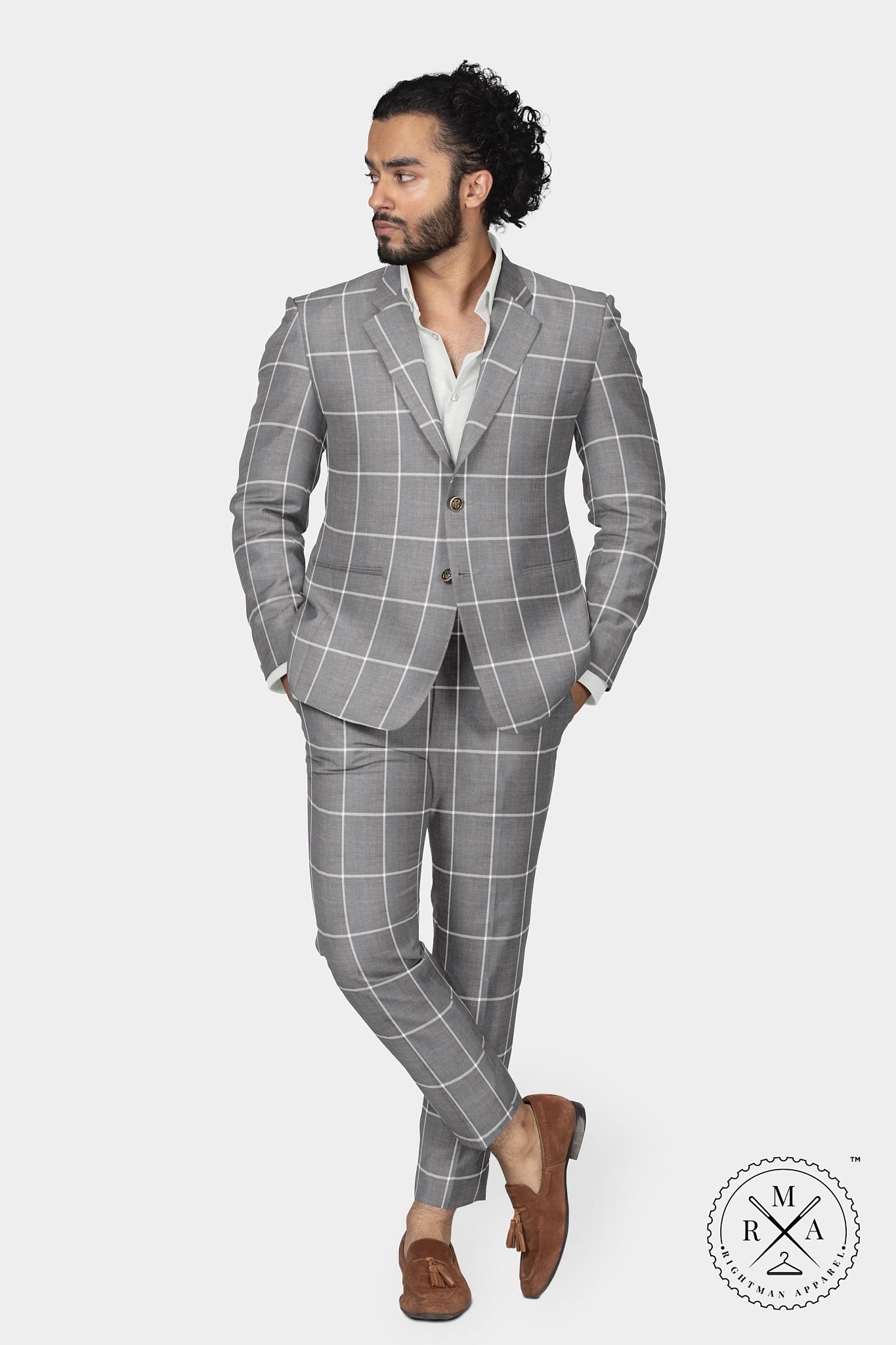 Grey Windowpane Checked TR Two Piece Suit SU42