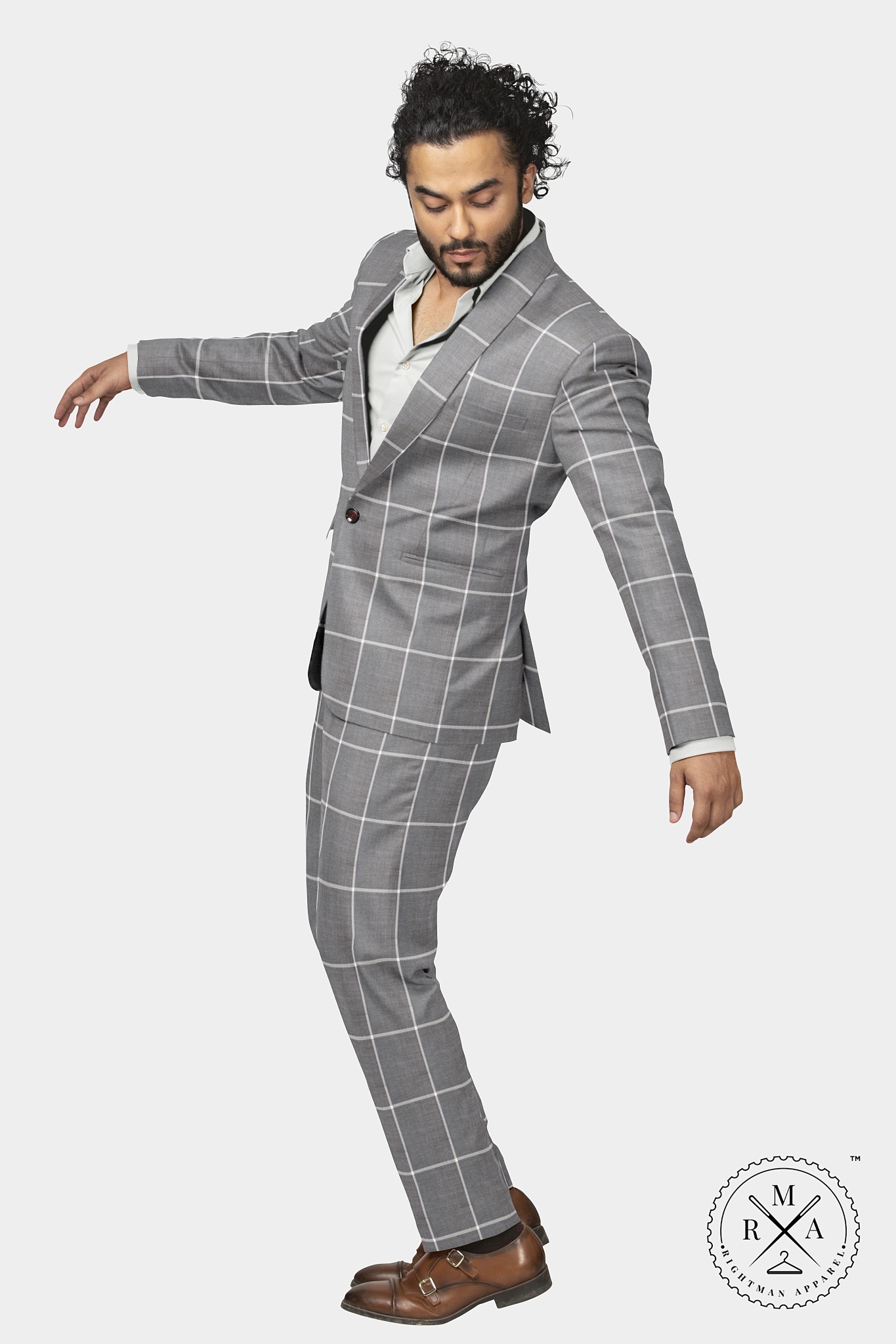 Grey Windowpane Checked TR Two Piece Suit SU42