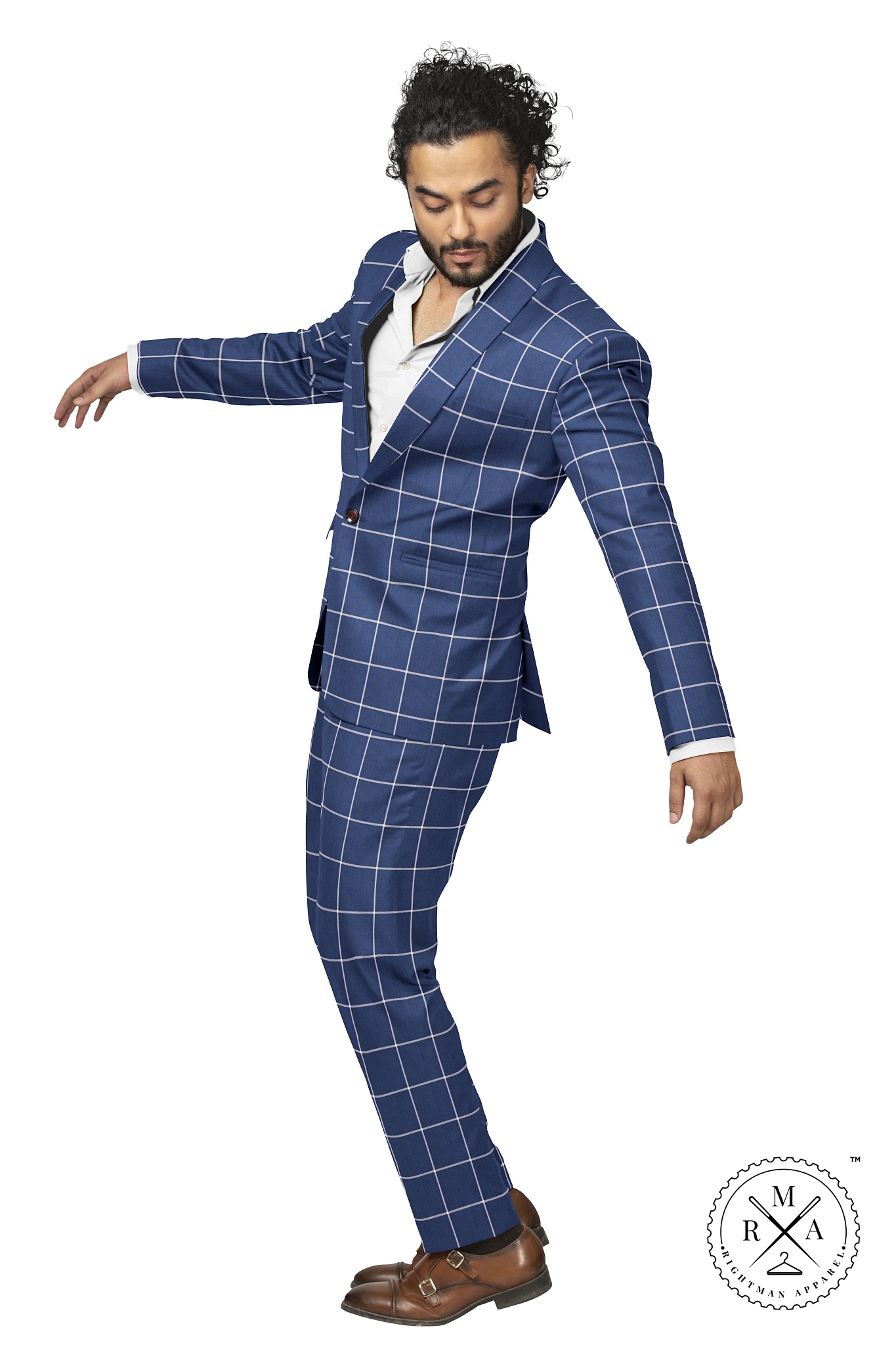 Blue Two Piece Suit With White Windowpane Checks SU43