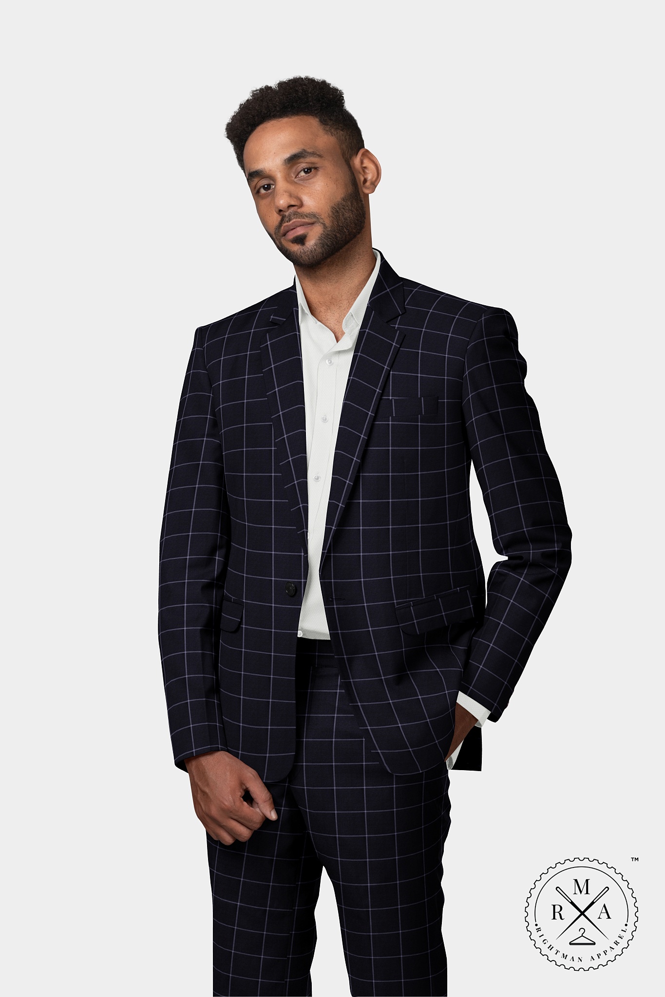 Black Two Piece Suit With White Windowpane Checks SU44