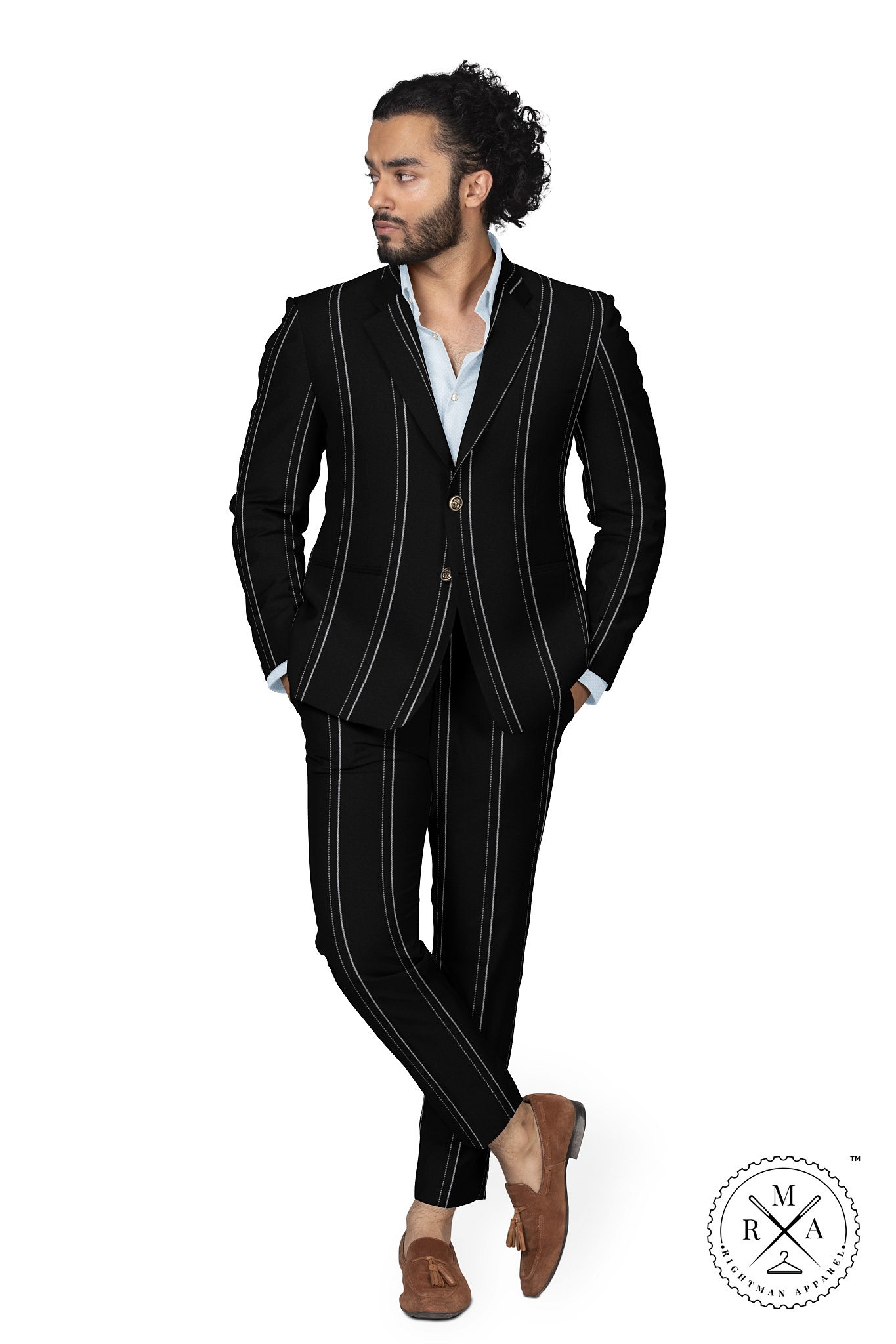 Solid Black Two Piece Suit With White Pinstripes SU61