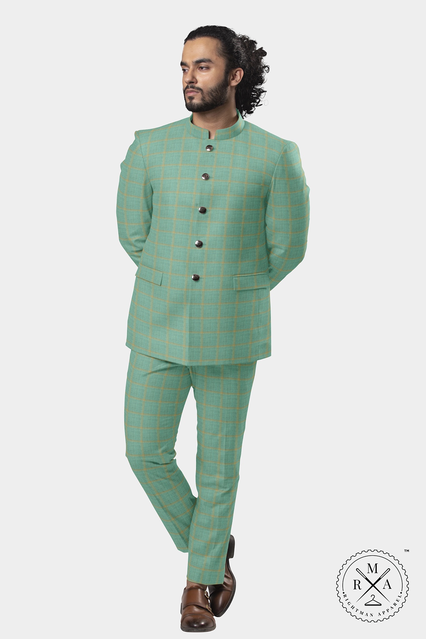 Silk Jodhpuri jacket with silk straight pants.